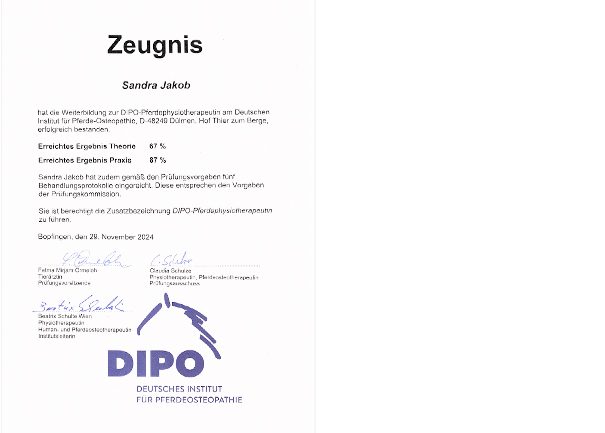 Pferdephysio | Sandra Jakob | Zertifikat | Pferdephysio Abschlusszeugnis