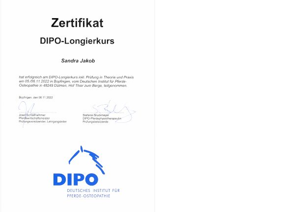 Pferdephysio | Sandra Jakob | Zertifikat | Longierabzeichen
