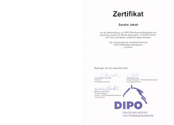 Pferdephysio | Sandra Jakob | Zertifikat | Pferdephysio